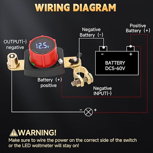Top Post Battery Disconnect Switch with Voltmeter, DC 5-60V Battery Kill Switch Master Isolator On Off Kill Switch Power Cut/Shut Off Switch for Boat Car RV Truck Camper Trailer