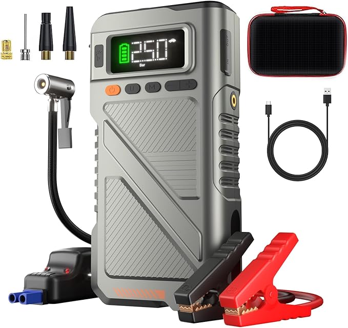 2025 Car Jump Starter with Air Compressor, Portable 6000A 150PSI Car Battery Jump Pack with Digital Tire Inflator for 10L Gas/9L Diesel,12V Power Jump Box