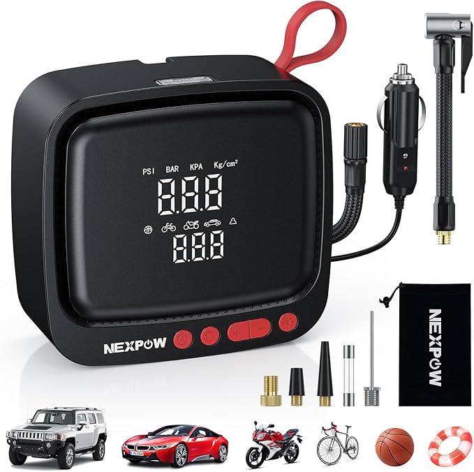 NEXPOW Tire Inflator Portable Air Compressor 150PSI 12V DC Air Pump with Dual Digital Pressure Gauge & Auto Shut-Off, Air Compressor Portable with LED Light for Car, Motorcycle, Bicycle, Ball and More