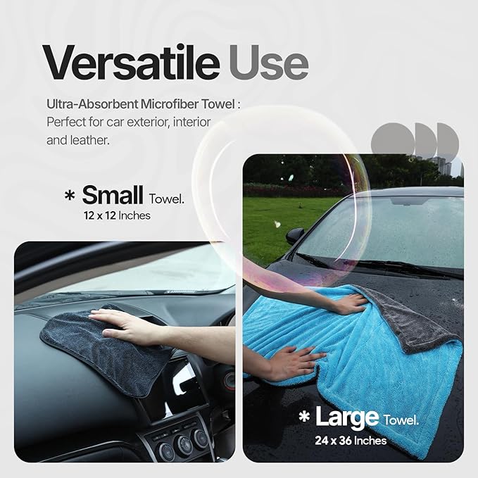 Microfiber towels for cars - 1300GSM X Large size Double twisted loop 2pcs - 70/30 Blend Quick Dry High absorbent Edgeless Streak free - Car drying towel for detailing 24x36″ & 12x12 (Grey+ Aqua Blue)