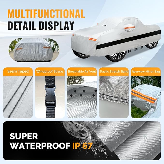 30 Layers Truck Car Cover for Automobiles All Weather Waterproof, Outdoor Snowproof UV Protection Windproof, No Zipper, Heavy Duty Universal Car Covers, (Silver, Fit Truck 191"-210")