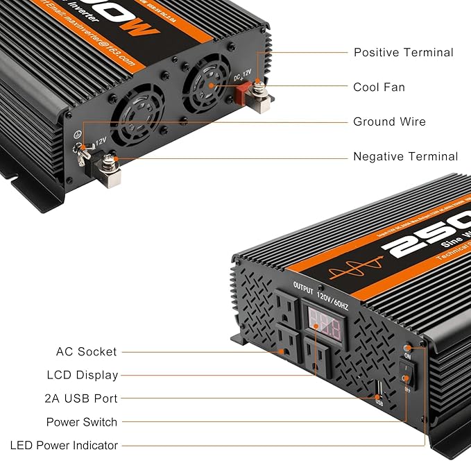 2500W Inverter Pure sine Wave RV Inverter Power Inverter 12V to 110 for Car Truck semi Truck Vehicles