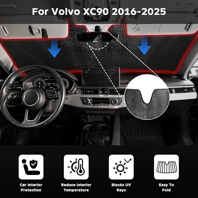 Windshield Sun Shade for Volvo XC90 2016-2025 - 5-Layer Bubble Foldable Front Window Shade Sun Visor Accessories - Blocks Heat & UV Rays