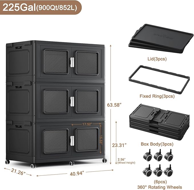 900 Qt Stackable Storage Bin with Lid, 225Gal Extra Large Collapsible Storage Boxes, Folding Plastic Drawer, Heavy-Duty Store Cabinet, Closet Organizer for Home Kitchen, 3 Pack Black