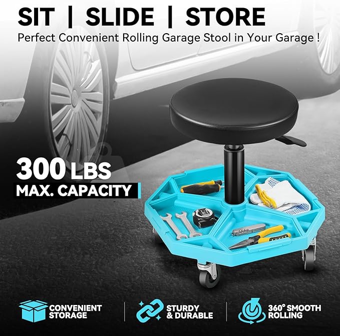 Auto Dynasty Mechanic Stool, Adjustable Rolling Pneumatic Creeper Garage Shop Seat with Tool Tray, 300 LBS Roller Seat for Workshop Auto Repair, Adjustable Height 15.7" to 21", Black/Blue