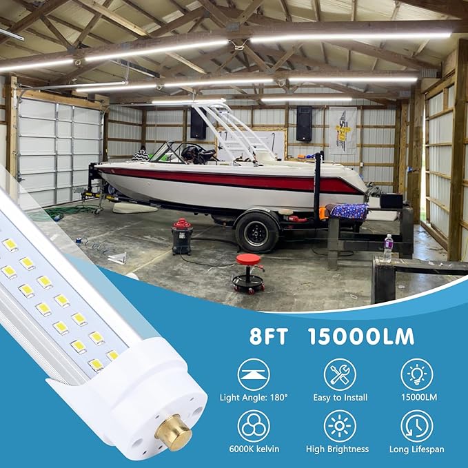12-Pack, 8 Foot LED Bulbs, 100W 15000lm 6000K Cold White, Super Bright, T8 T10 T12 LED Tube Lights, FA8 Single Pin LED Lights, Clear Cover, 8 Foot LED Bulbs to Replace Fluorescent Light Bulbs