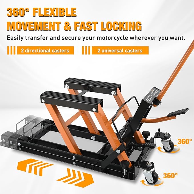 Nilight Motorcycle Lift Jack 1500 LBS Hydraulic Lifts ATV Scissor Jacks with Wheel Foot Pedal Handle Ratchet Belt Heavy Duty Lifter Stand Hoist Table for Dirt Bike Garage Storage Repair Tool,Orange