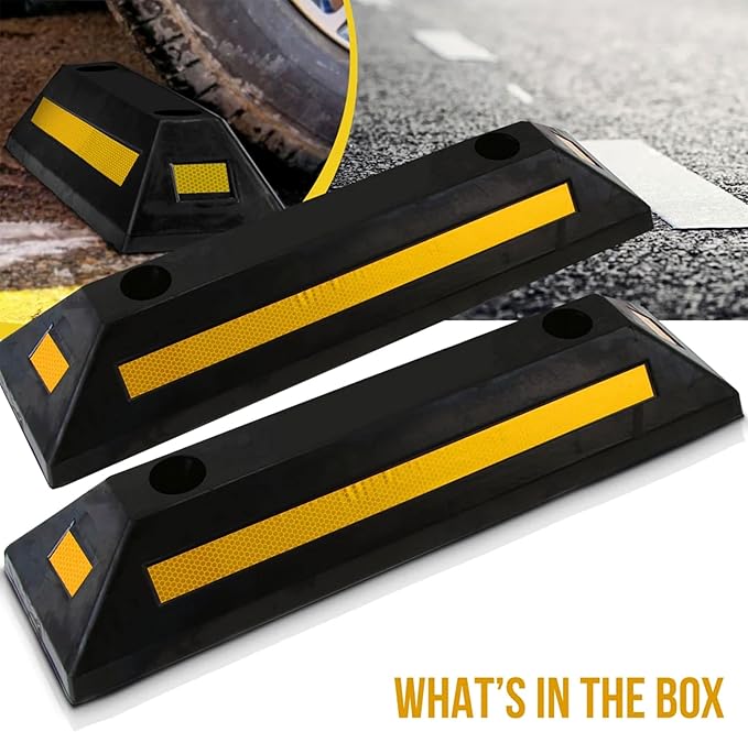 Pyle 2-Pack Heavy Duty Rubber Wheel Stops for Garage Parking – Durable, High-Visibility Tire Blocks for Cars, Trucks, Vans, RVs, Trailers, Forklifts – Reflective Safety Strip Included