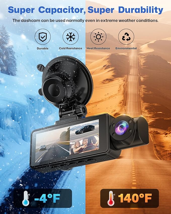 Dash Cam Front and Rear 2.5K/1440P, 3 Channel Dash Camera for Cars Dash Cam Front Rear and Inside with 32GB Card, 3.16" IPS Screen, G-Sensor, Loop Recording, Night Vision, Parking Mode