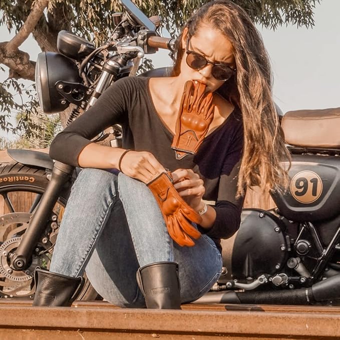 Harssidanzar Women's Motorcycle Gloves,Leather Motorcycle Gloves, Motorbike Gloves, Road Racing, Cycling, Climbing, Powersports Gloves Touchscreen GL016