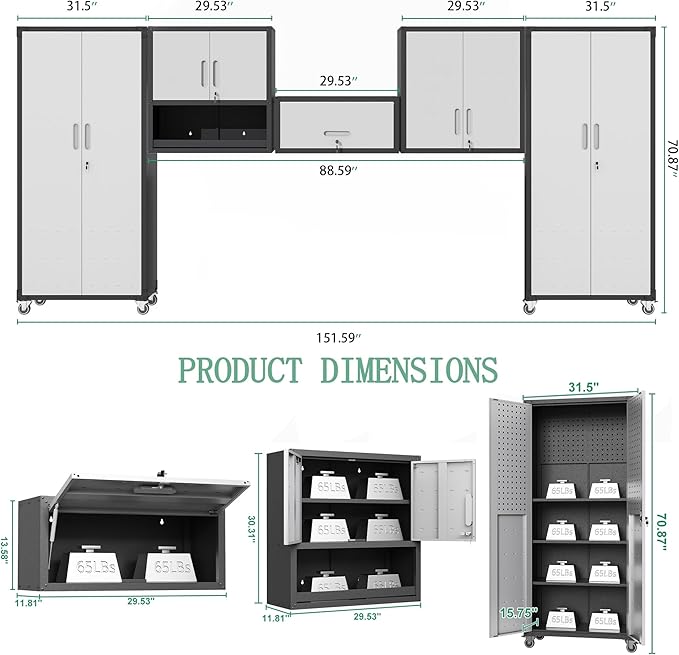 Metal Tool Cabinet,Garage Storage Cabinet System,Wall Cabinet & Locking Rolling Tool Cabinet with Doors and Adjustable Shelves,Steel Tool Cabinets for Home,Office (5 Pcs-StyleA, Black & Grey)