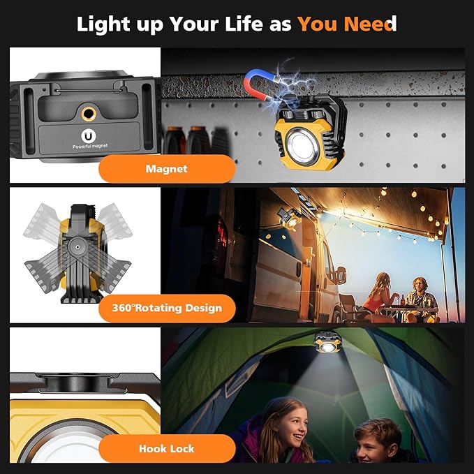 Samyoung 2 Pack 2400LM Super Bright Rechargeable Work Light, 28 Hours Long Lasting Stepless 2700-8000K White Warm & Brightness Magnetic LED Work Light, Ultralight 360°Rotating Portable Light with Hook