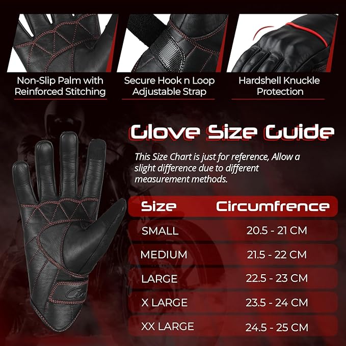aasportx Motorcycle Gloves - Men's Leather Motorbike Gloves with Touchscreen Function - Non-Slip Pads for Men & Women