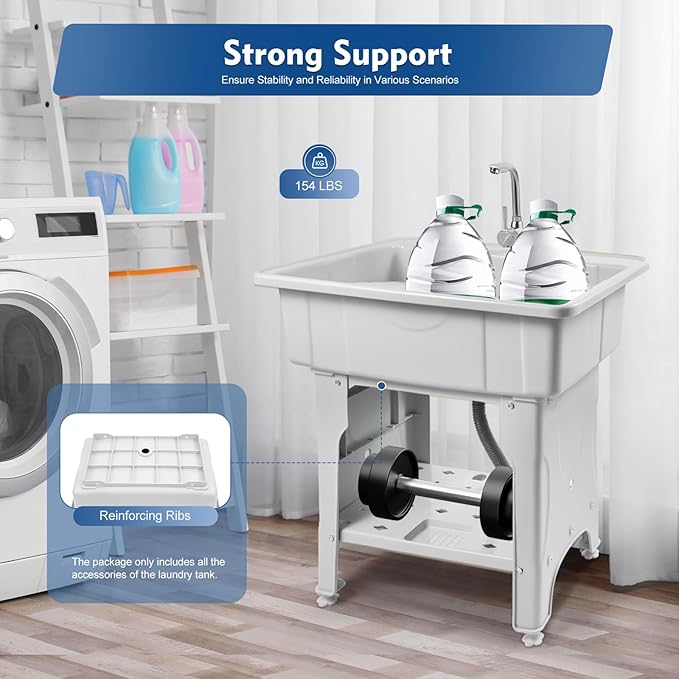 Freestanding Utility Sink Plastic Wash Station with Storage Shelf Indoor/Outdoor for Bathroom & Laundry (Gray, 25.6*21.65*31.5in)