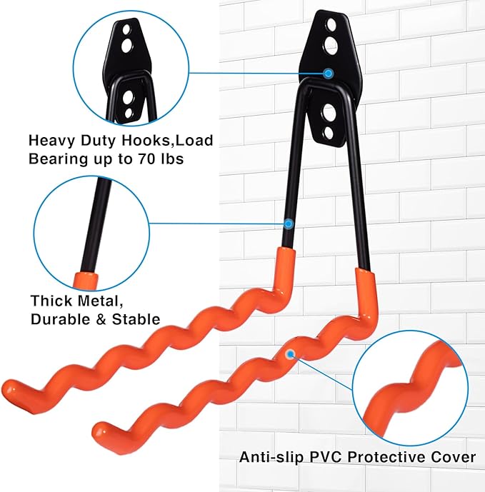 2 Packs Garage Wall Hooks,Wall-Mounted Heavy Duty Hanger Metal Badminton Racket Holder, Tennis Racket Holder Organizer, Hooks for Cables, Ropes and Hoses,Extension Cord Holder (Orange)