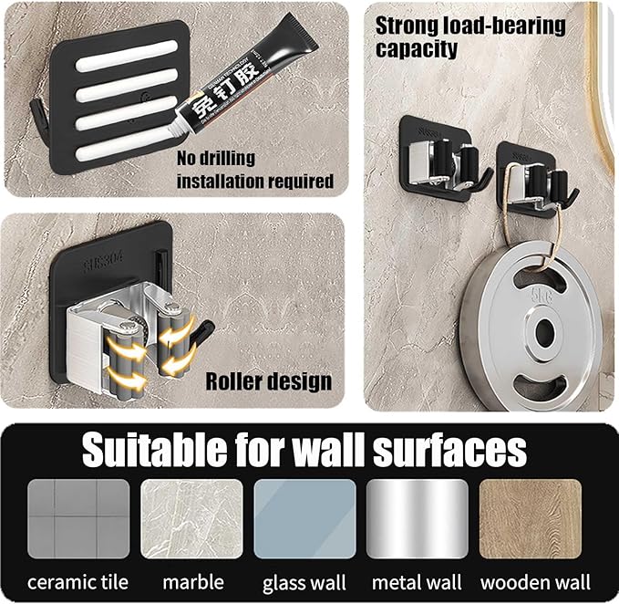 Stainless Steel Mop and Broom with Hook, Heavy Duty Rust Resistant Self Adhesive Mop and Broom Holder Wall Mount for Bathroom, Kitchen, Office, Garden, Garage, With 3M VHB Sticky Pads