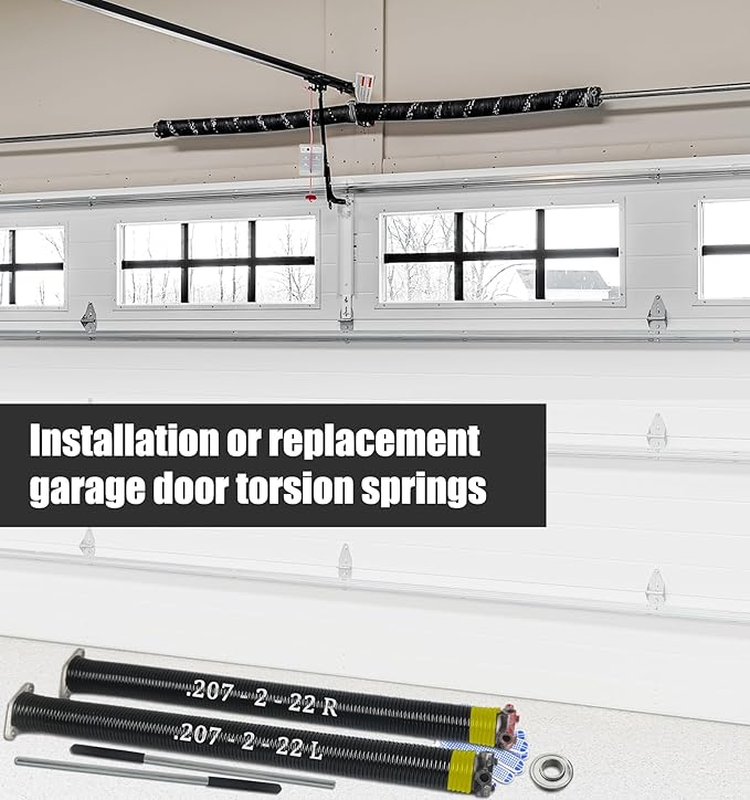 Garage Door Torsion Spring Set, Pair of 2" Electrophoresis Coated Garage Door Springs Replacement with 2 Non-Slip Winding Bars and Bearing, Minimum 16000 Cycles (.207x2x22)