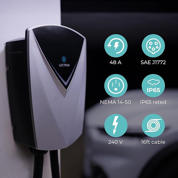 Lectron Electric Vehicle Charging Station (WiFi) 48 Amp with App Control - Powerful Level 2 EV Charger (240V) with NEMA 14-50 Plug/Hardwired - V-Box Pro Compatible with All J1772 EVs