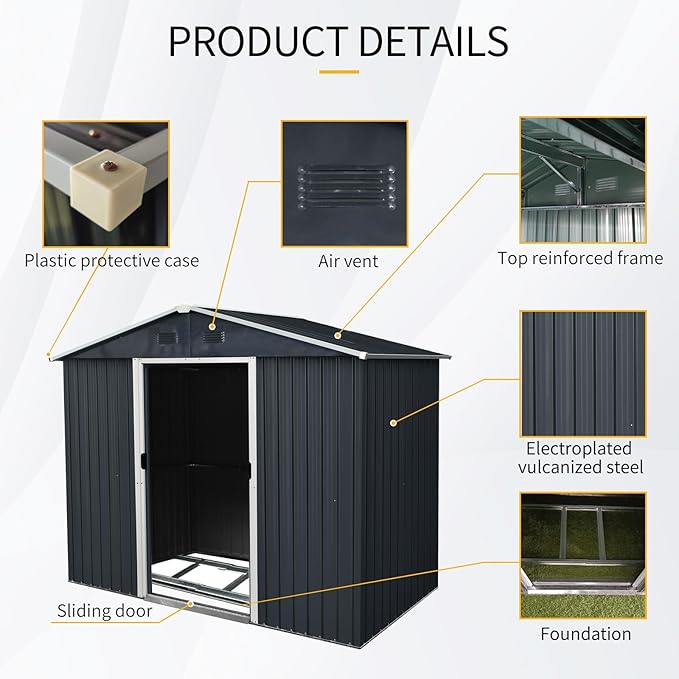 4x8 FT Outdoor Storage Shed, Metal Garden Shed with Frame Floor, Outside Tool Shed with Lockable Sliding Doors, Waterproof Storage Building with Sloped Roof for Backyard, Patio, Lawn, Black