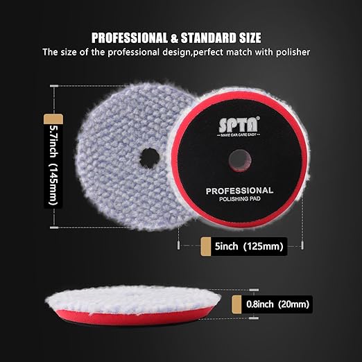 SPTA Wool Polishing Pad, 2Pcs 5''(125mm) Coarse Wool Cutting Pad, Coarse Woolen Pad BlueWool Buffing Pads Set with Hook and Loop for Heavy Cut for Car Polisher, Buffing and Polishing