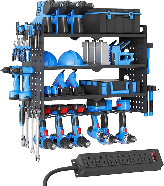 Power Tool Organizer Wall Mount with Charging Station, 4 Layers 6 Drill Holder, Heavy Duty Storage Utility Racks, Supports 600 lbs,Battery Shelf for Garage and Workbench (24 Inch 6 Drills Holder)