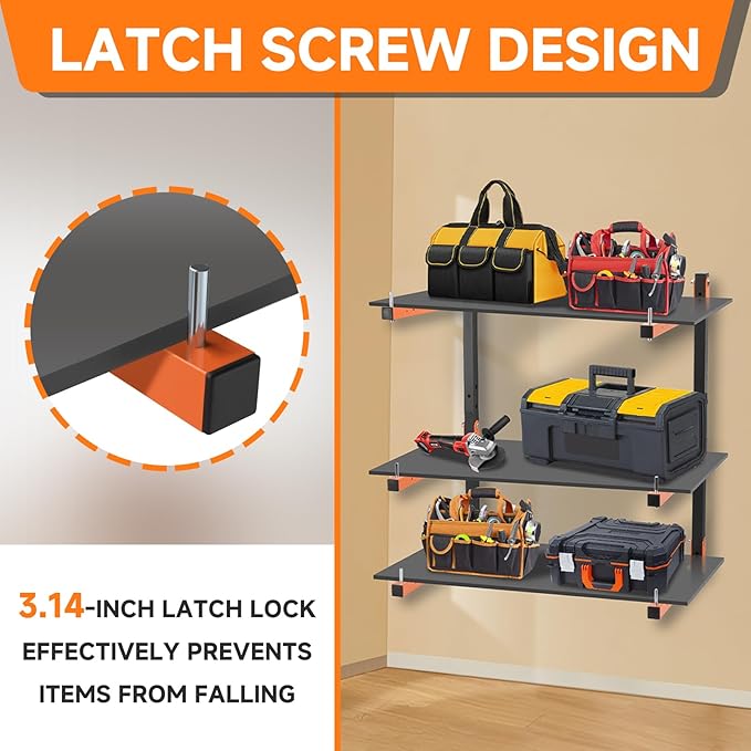 Lumber Rack Wall Mount, Heavy Duty Wood Storage Racks, 3-Level System Garage Shelving, 380 Lbs Capacity Organizer Shelves, Folding Orange Brackets, 2 Pack Hanging Metal Shelf for Indoor and Outdoor