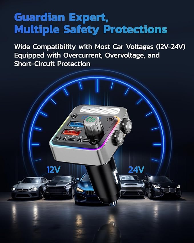 Nulaxy 54W Bluetooth 5.3 Car Adapter with 4 Charging Ports [PD 36W & QC3.0 18W], Wireless Radio FM Transmitter with Deep Bass Player & 5 Colors LED Backlit, Hands-Free Calling - Silver