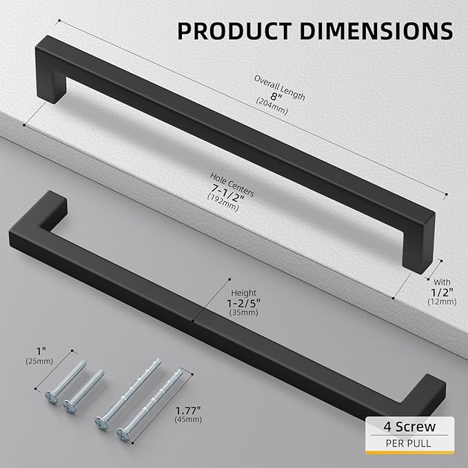goldenwarm 45 Pack 7-1/2in Black Square Bar Cabinet Pull Drawer Handle Stainless Steel Modern Hardware for Kitchen and Bathroom Cabinets Cupboard,Center to Center 192mm Matte Black Drawer Pulls