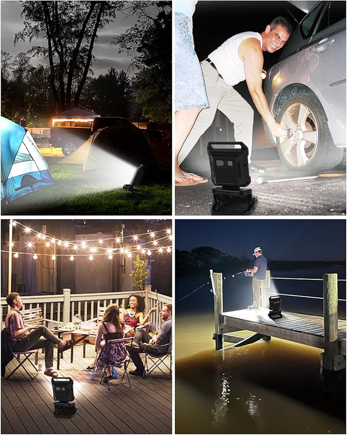 UFOND 2500LM LED Work Light Rechargeable,12h Portable Battery Worklight Cordless,6600mAh Waterproof Floodlight Brightness Adjustable,Outdoor Construction Clamp Light for Garage Camping Car Repairing