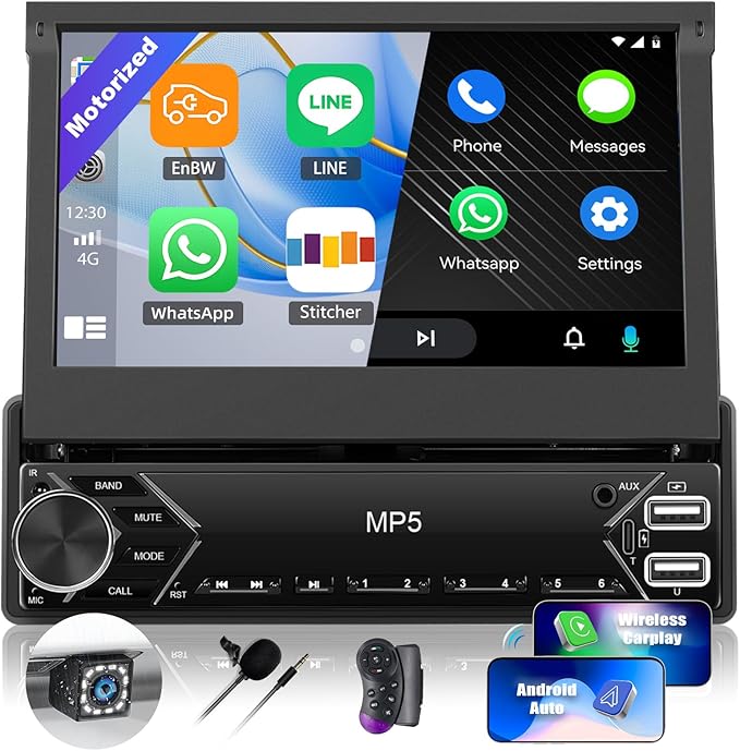 Single Din Touchscreen Car Stereo with Wireless Carplay&Android Auto,7 Inch Car Radio Flip Out MP5 Play with BT FM Radio EQ Mirror Link Car Audio with USB/TF/AUX-in SWC+Backup Camera+Microphone
