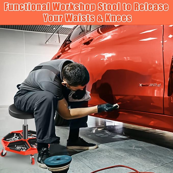 Adjustable Mechanic Rolling Stool, Pneumatic Rolling Stool with Wheels, Tool Storage Tray & Padded Seat Cushion, Garage Stool Chairs Creeper Seat (Red)
