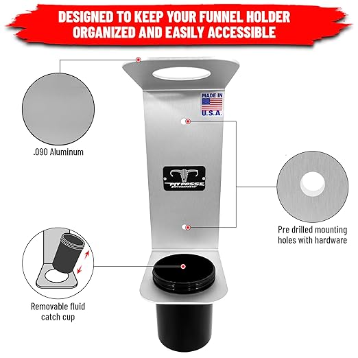 Pit Posse PP3364 Aluminum Oil Funnel Holder Storage Rack - Enclosed Trailer Garage Shop -Made in USA- Wall Mount Fluid Drain Funnel Caddy Hanger Automotive Organizer Removable Spill Free Universal Fit