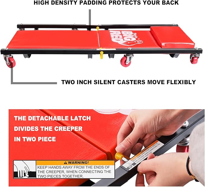 BIG RED 36" 2-Piece Padded Rolling Garage/Shop Creeper, Mechanic Cart with Headrest and 6 Casters, Red TR7565R Torin