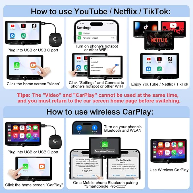 Wireless CarPlay Adapter, CarPlay Wireless Adapter Supports Netflix, YouTube, and Tiktok Stream Media Play, for OEM Wired CarPlay to Wireless Dongle, Fits for Cars from 2016 & iOS 10+ Phone