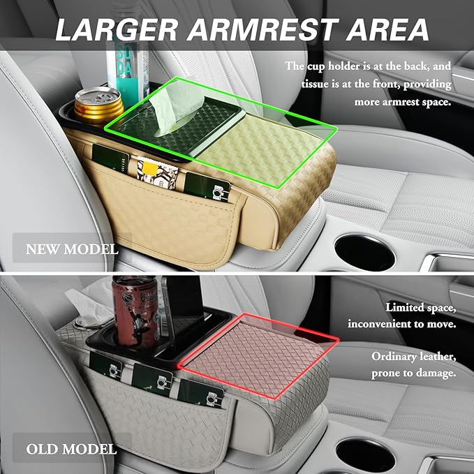 Car Center Console Cover, Armrest Cover for Storing Water Cups, Tissues, Cards, and Phones, 4-in-1 Center Cover with Soft Leather and High Resilience Memory Foam (Light Beige)