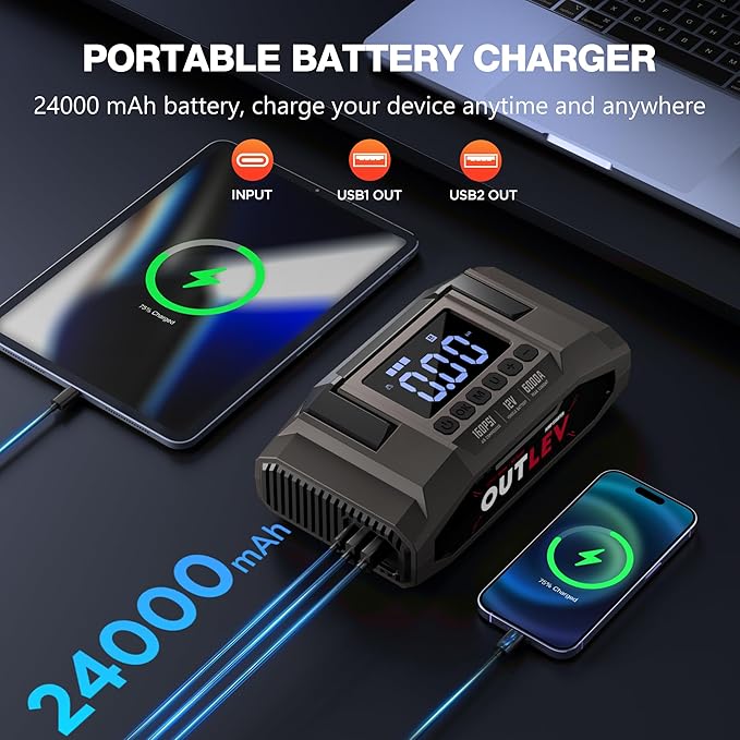 Jump Starter with Air Compressor (6000A 160PSI) - All-in-One Portable Jump Starter for Cars, Trucks, RV, Boat - Fast Charging, Safety Protection, Essential for Road Trips & Emergencies