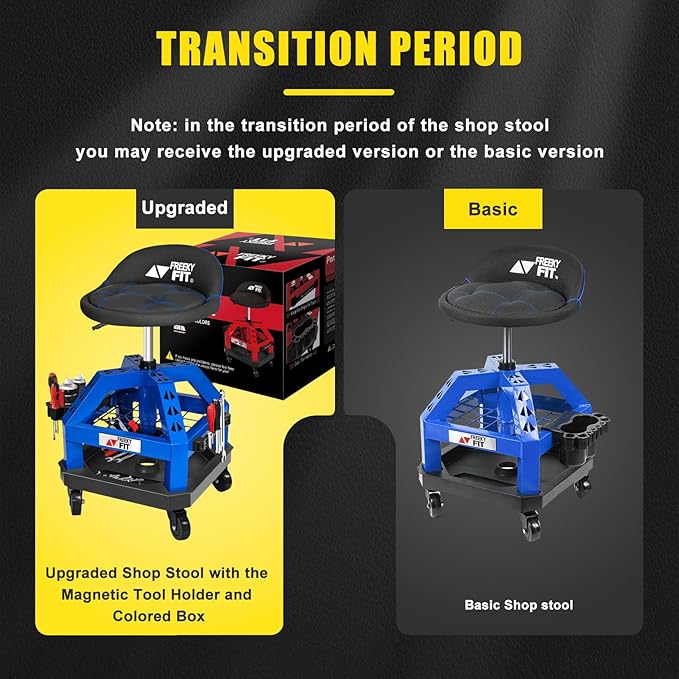 Rolling Shop Stool for Garage with Casters, DO02-Adjustable Height 360° Swivel Shop Seat with Tool Tray Storage, 330 LBS Capacity Padded Mechanic Stool, Magnetic Tool Hold, Heavy Duty, Blue