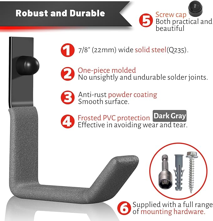 Garage Hooks for Hanging Heavy Duty, Ladder Hooks for Garage Wall Hanger, Metal J Utility Hooks, Shovel Holder Wall Mount Hooks, Garden Tool Organizer Storage for Helmet, Backpack-6Pack