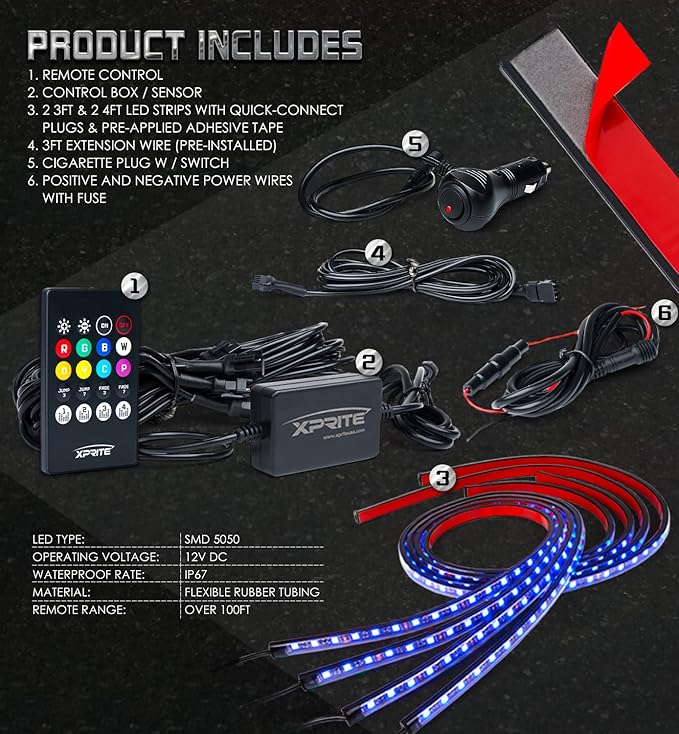 Xprite Car Underglow Neon Accent Strip Lights, 4 Pcs RGB 252 LEDs Underglow Kit with Sound Active Function Music Mode & Wireless Remote, Exterior Car Lights Underbody Lighting for Truck SUV Van