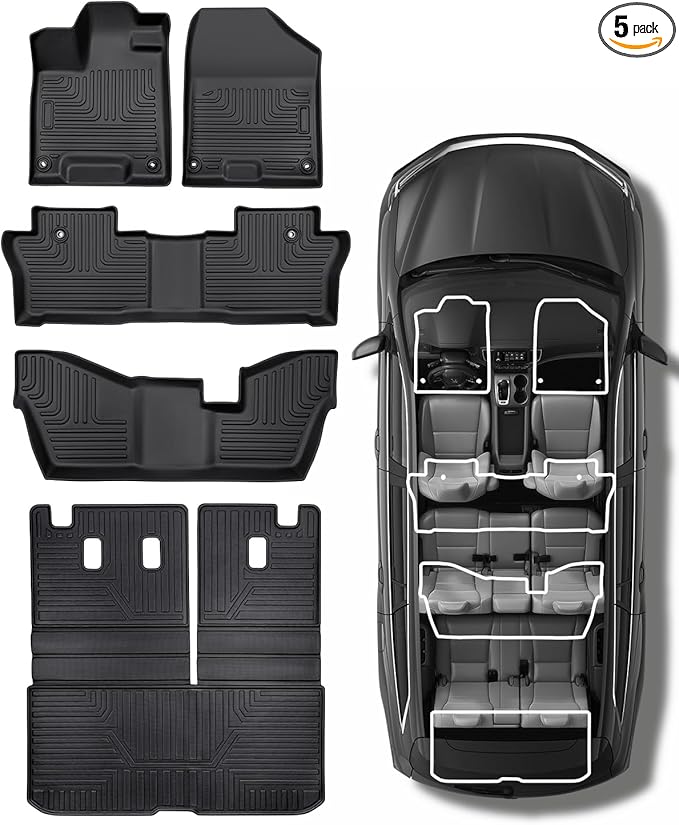 Car Floor Mats for Honda Pilot 2016-2022 8 Seats (No Elite Models), Accessories for Honda Pilot 2016-2022, All Weather Black Rubber Liners for Cars, Custom Fit Trunk Mat Back Seat Cover, 4PCS