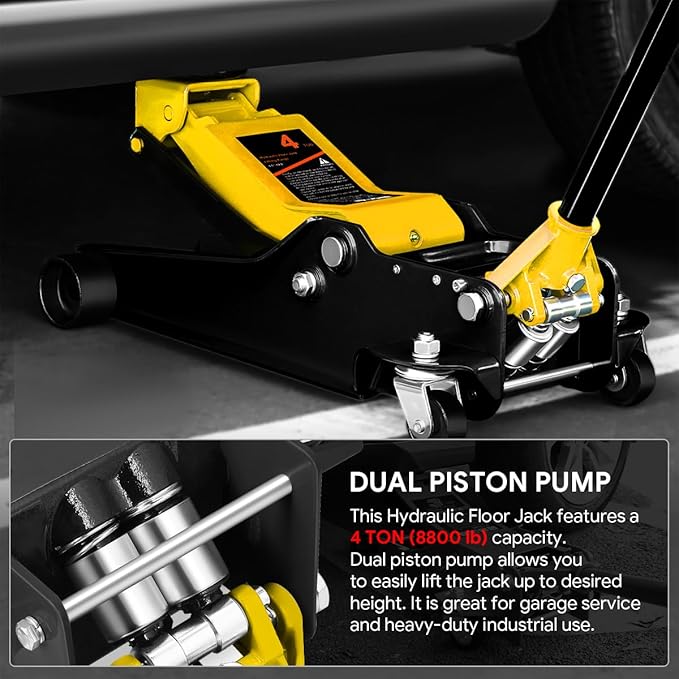 DNA MOTORING Low Profile Hydraulic Trolley Service/Floor Jack, 4 Ton (8000 lbs) Capacity, Lifting Range 4.5"-20", Yellow, TOOLS-00307-YL