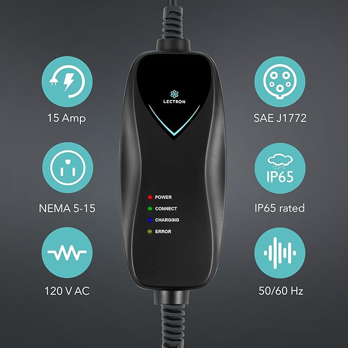 Lectron Level 1 EV Charger - ETL Certified, 110V, 15 Amp, 16 ft Extension Cord & J1772 Cable - Portable Electric Car Charger for J1772 EVs with NEMA 5-15 Plug