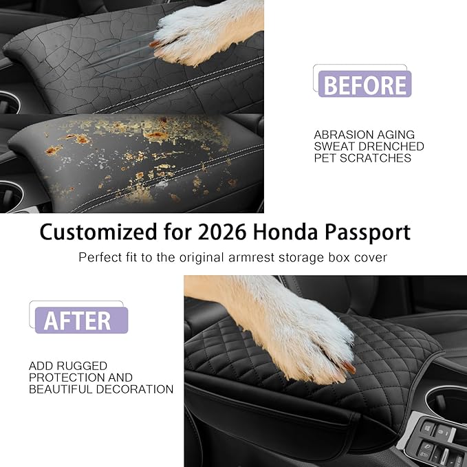 LUWU 2026 Passport Center Console Cover Compatible with 2026 Honda Passport RTL/TrailSport Accessories 2026 Passport Armrest Cover Armrest Console Cover (Thick Black)