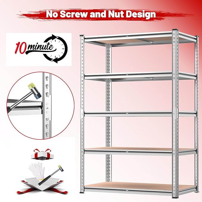 REIBII 2020LBS Garage Shelving Heavy Duty Metal Shelving 5 Tier Storage Shelves, Garage Shelves for Warehouse Basement, Easy Assembly, 72" H x 35.55" W x 16" D, Galvanized, 4 Pack
