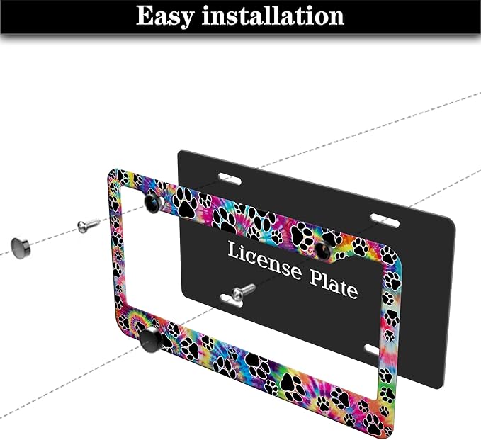 License Plate Cover for Men Multicolor License Plate Frames for Women Tie Dye Paw Print Aluminum Metal Car Accessory 2 Pack with Screw Covers Set