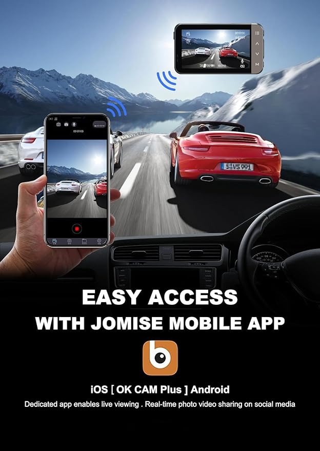 JOMISE Dash Cam Front and Rear 4K+1080P, 3" LCD, Starvis Sensor, Built-in GPS, WDR, Night Vision, Dash Camera for Cars with WiFi, Parking Mode, 32GB Card, Reliable Dashcam for Safety Recording