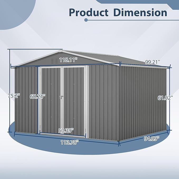 10X8 FT Outdoor Tool Storage Shed with Metal Foundation & Lockable Doors, All Weather Metal Sheds for Garden, Patio, Backyard, Lawn