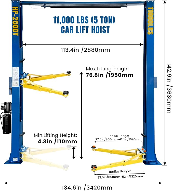 110V Two Post Car Lift 11,000 LBS Single-Sided Unlocking Overhead Heavy Duty 2 Posts Auto Hoist Truck Lift for Garage 3 Year Warranty