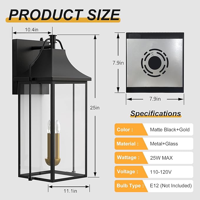 𝟮𝟱-𝗜𝗡𝗖𝗛 Outdoor Wall Lights Fixtures, Large Size Dusk to Dawn Waterproof Exterior Lanterns, Modern Porch Sconce Wall Mounted with Glass, Black Outside Lights for House Patio Front Door