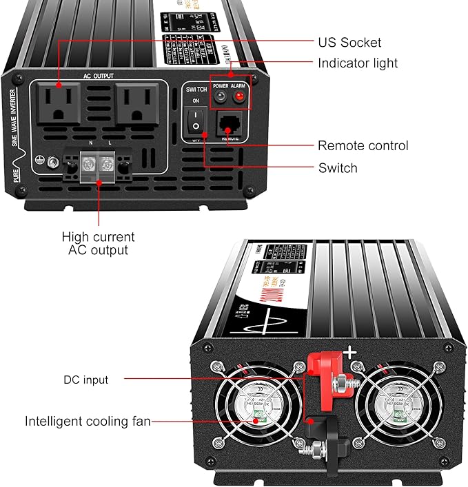 2000W (Peak Power 4000W) Pure Sine Wave dc to ac Inverter Remote Switch DC 24V to AC 120V 60HZ Solar Converter for Home car&Yacht (DC24V (Range 20V-30V) 2000W)